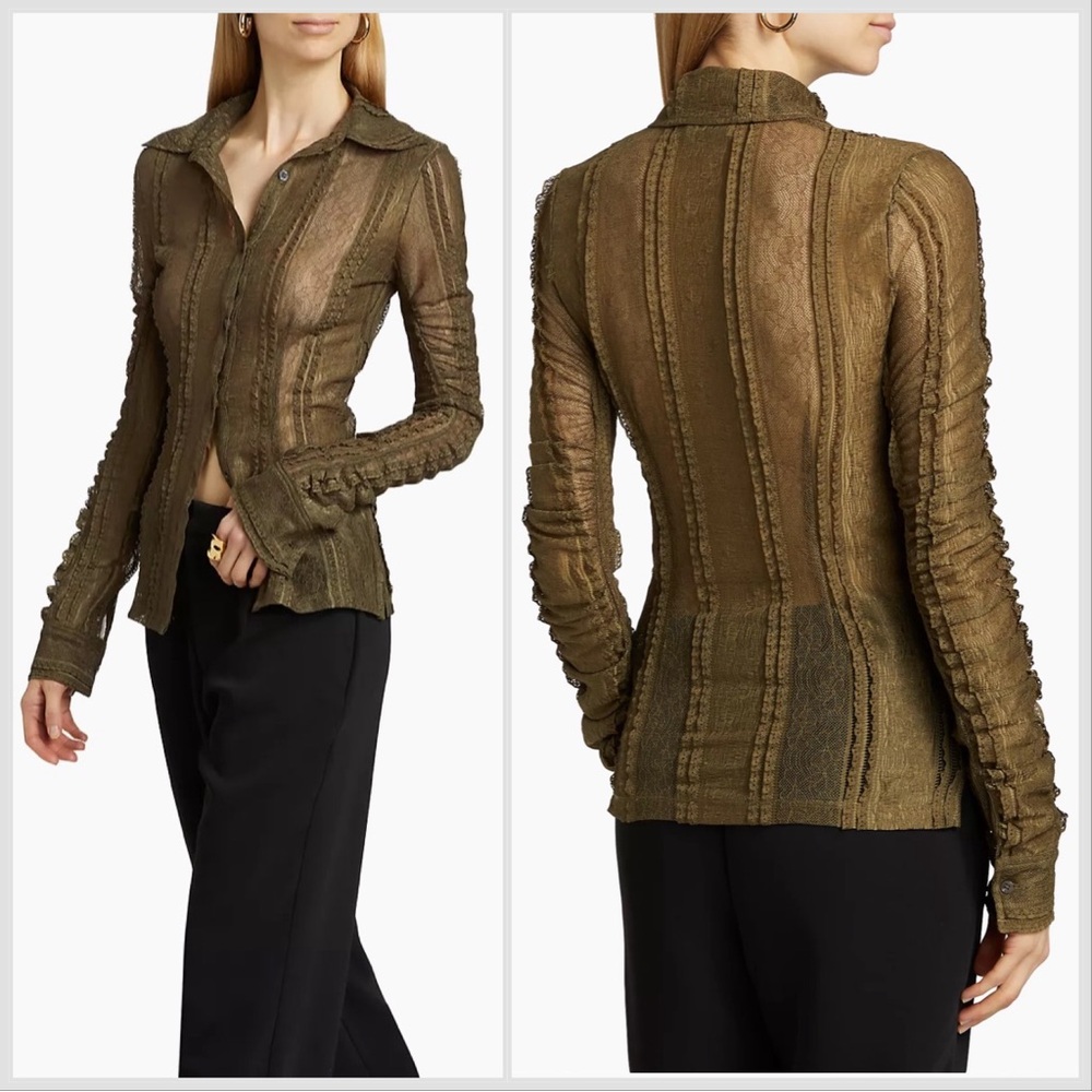 anOnlyChild Green Mesh Sunday Scaries Luidas Lace Ruched Long-Sleeve Shirt Sz L
